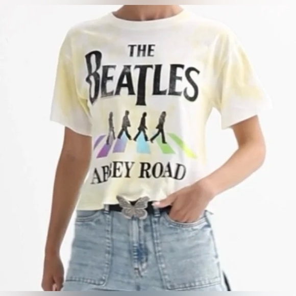 The Beatles Abbey Road Yellow & White Tie Dye Cropped Tee, Size Small - Picture 1 of 5